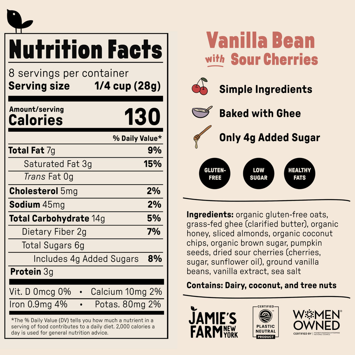 Jamie's Farm New York gluten-free granola with sour cherries supports low-sugar breakfast.