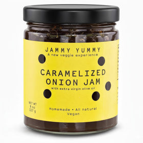 Jammy Yummy Onion Jam jar closeup shows rich color, perfect for toast toppings.