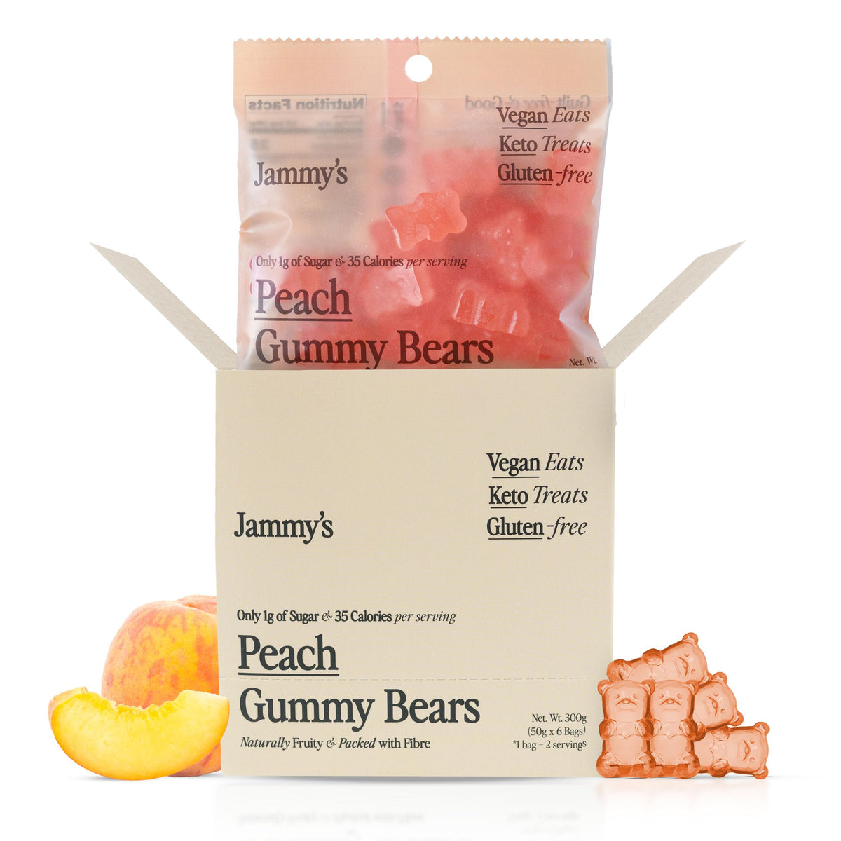 Jammy's Peach Gummy Bears box 6x50g for easy family snacking.