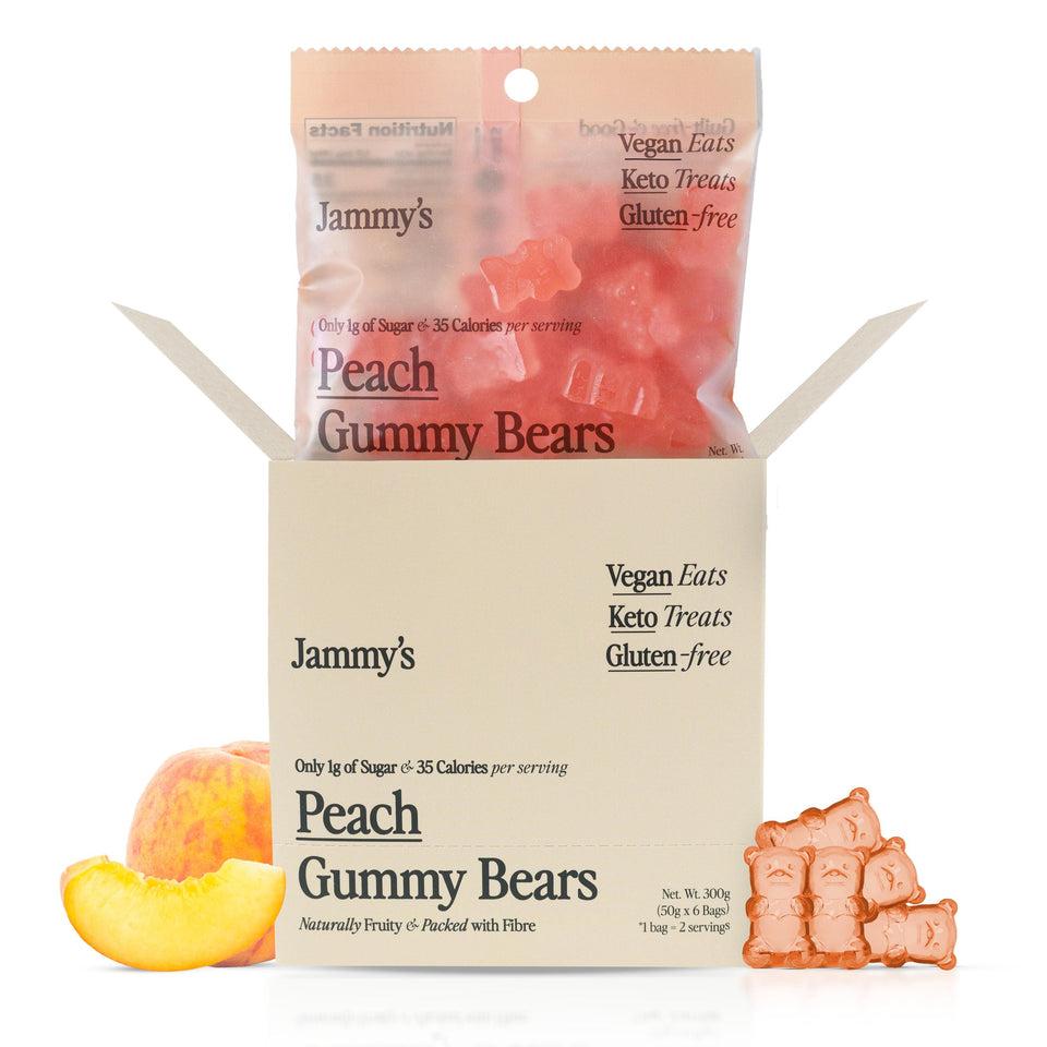 Jammy's Peach Gummy Bears box 6x50g for easy family snacking.