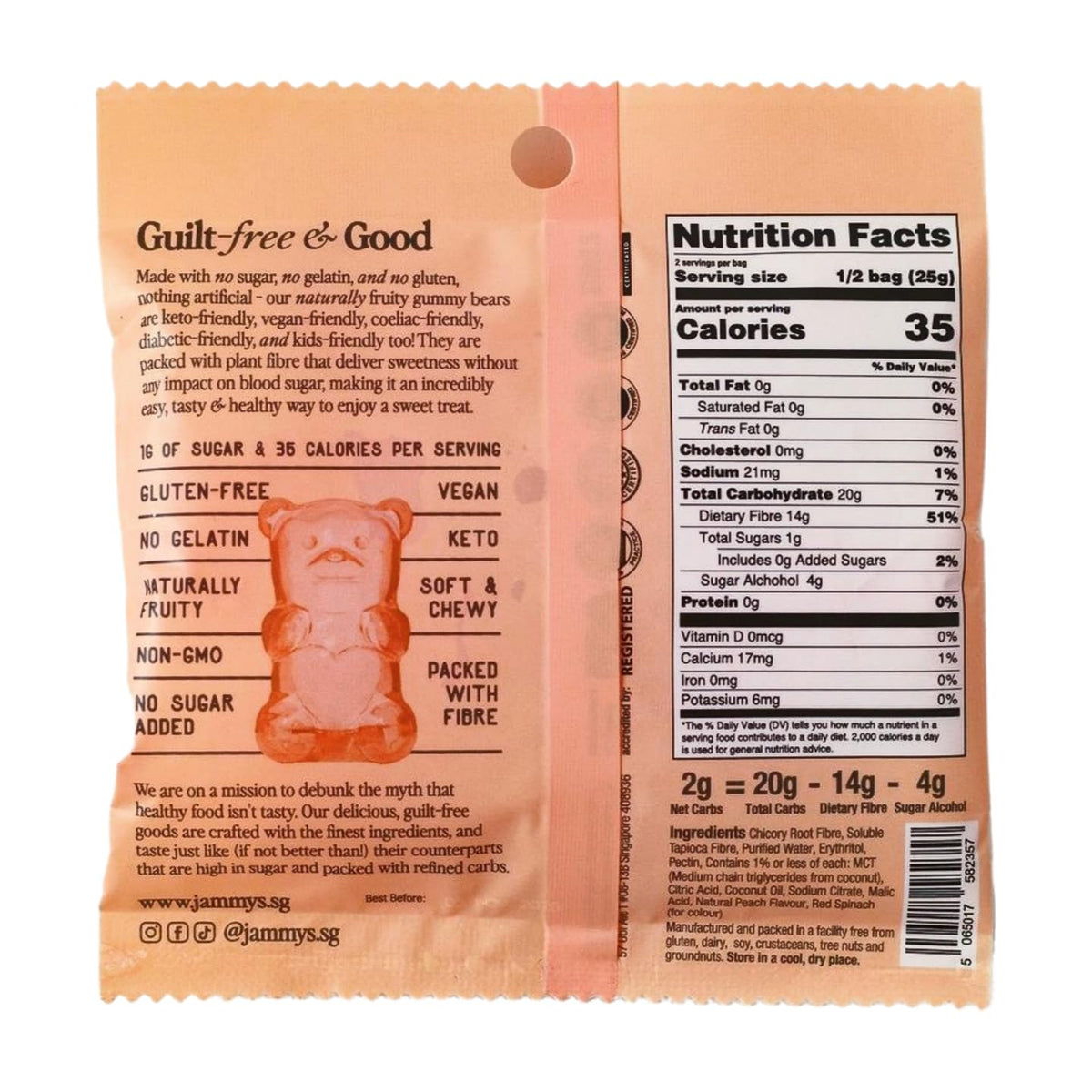 Jammy's Peach Gummy Bears natural peach flavor for a fruity treat.
