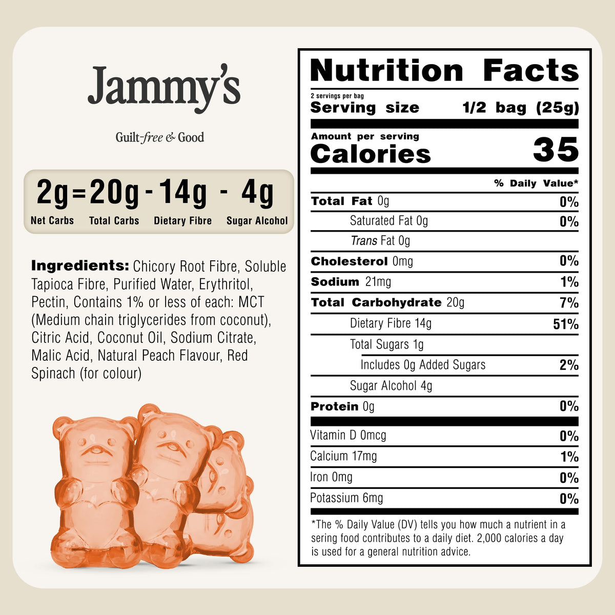 Single-serving pouch highlighting sugar-free 1g and 14g fibre.
