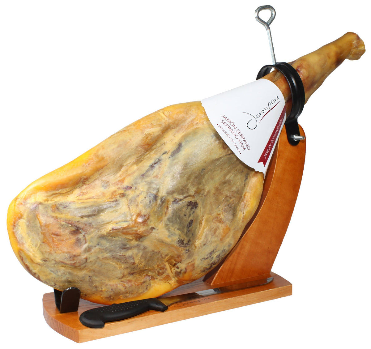 Jamonprive Spanish Serrano ham bone-in on a stand for easy slicing and centerpiece display.