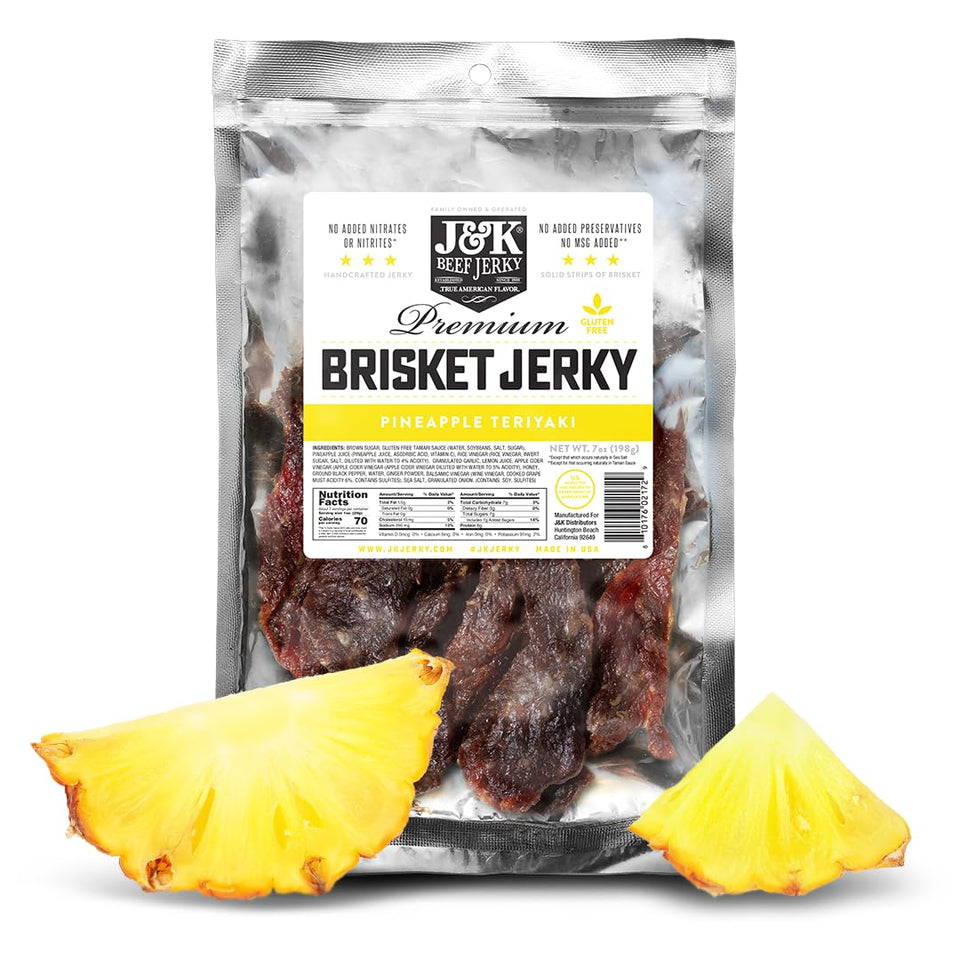 J&K Beef Jerky Pineapple Teriyaki slices offer bold on-the-go protein.