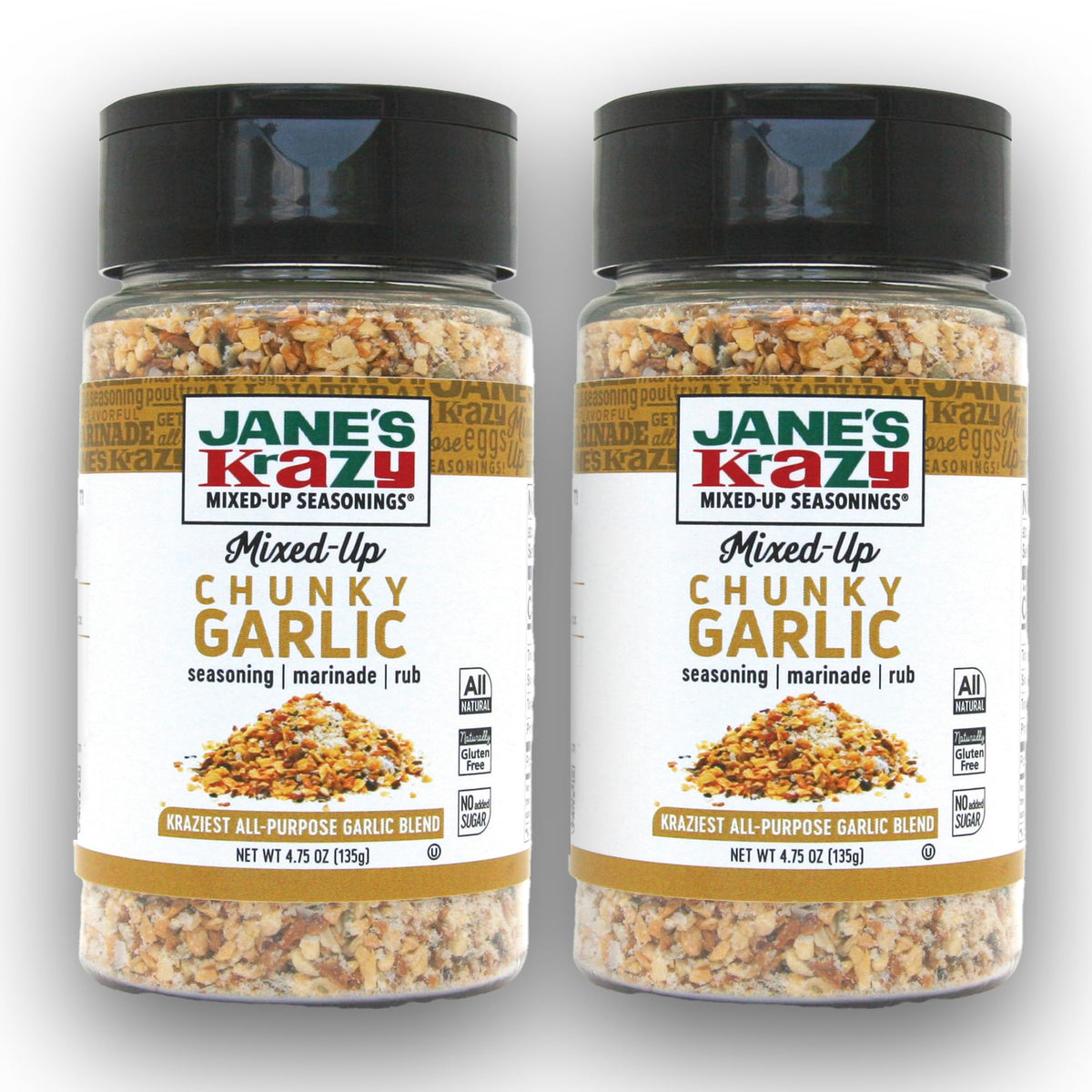 Jane's Krazy Chunky Garlic Seasoning bottle shows bold aroma for savory meals