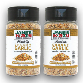 Jane's Krazy Chunky Garlic Seasoning bottle shows bold aroma for savory meals