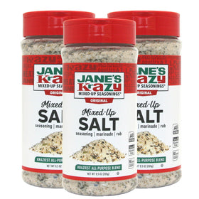 Jane's Krazy Mixed-up Original Salt Blend jar close-up for versatile seasoning.