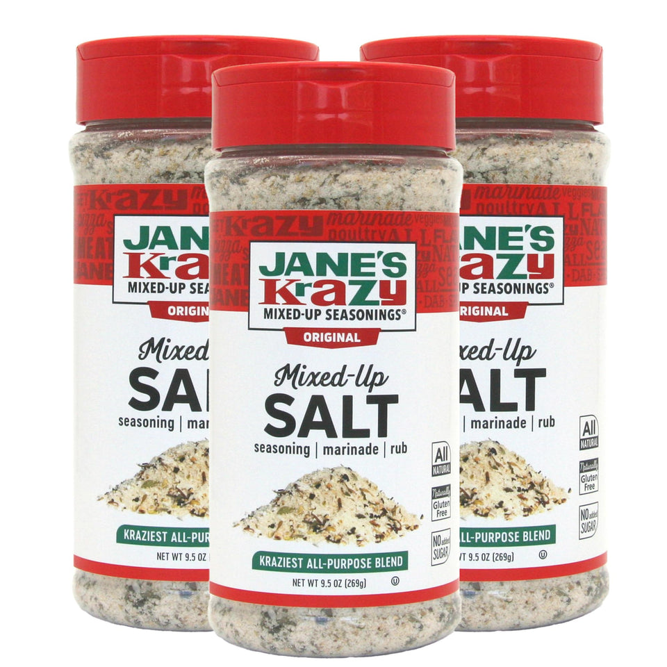 Jane's Krazy Mixed-up Original Salt Blend jar close-up for versatile seasoning.