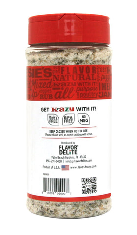 Jane's Krazy Mixed-up Original Salt Blend shaker dispensing evenly on food.
