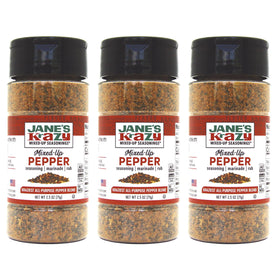 Jane's Krazy Mixed Up Pepper bottle top pour for quick flavor bursts on meat.