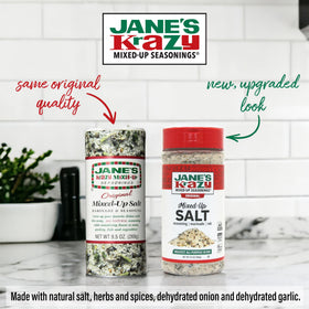Jane's Krazy Mixed-Up Salt bottle back view highlighting ingredients and all-natural labeling.