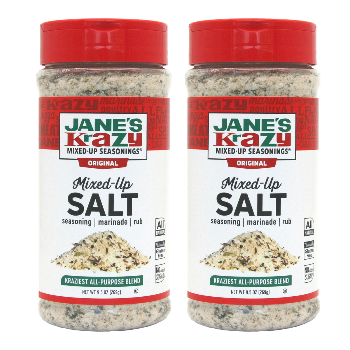 Jane's Krazy Mixed-Up Salt bottle front view showing an all-natural herb blend for versatile seasoning.