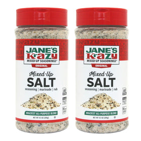 Jane's Krazy Mixed-Up Salt bottle front view showing an all-natural herb blend for versatile seasoning.