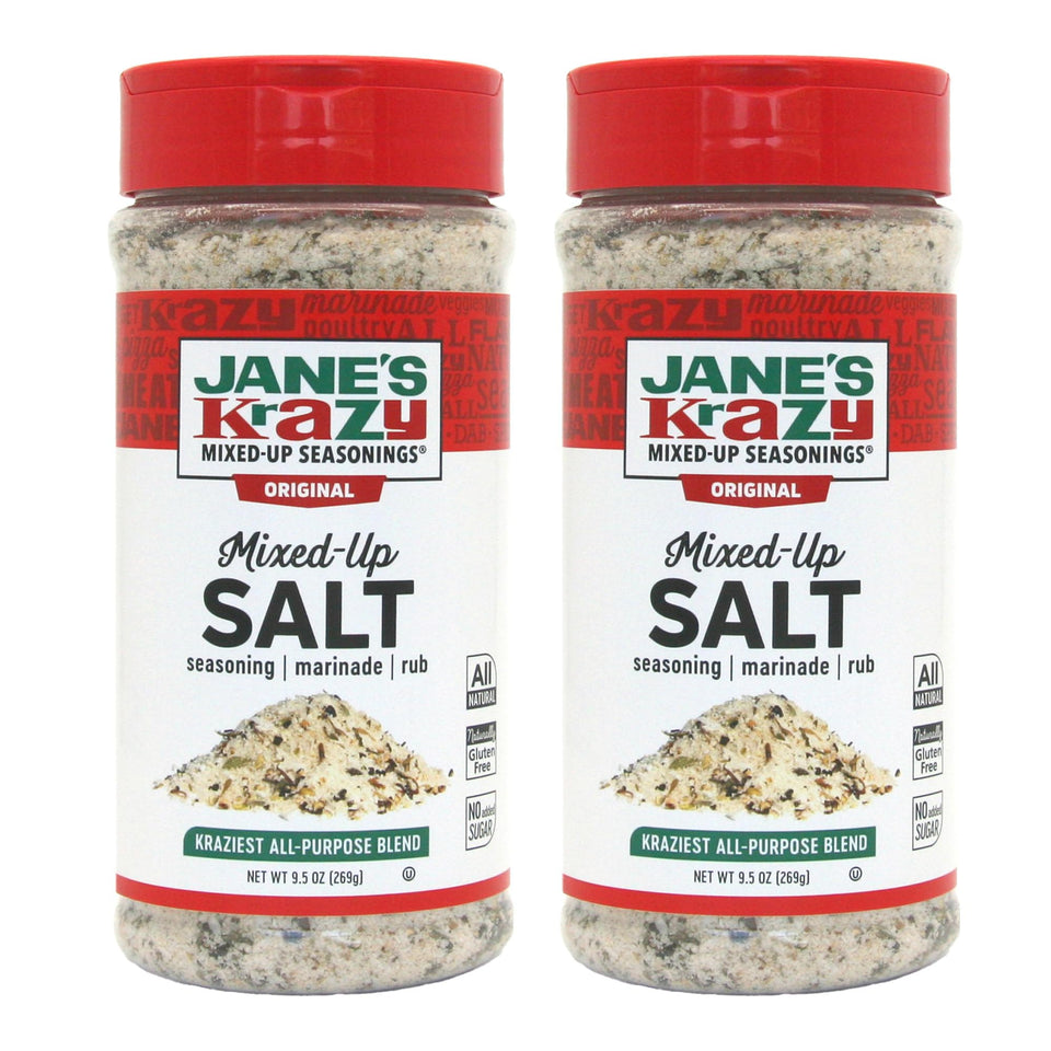 Jane's Krazy Mixed-Up Salt bottle front view showing an all-natural herb blend for versatile seasoning.