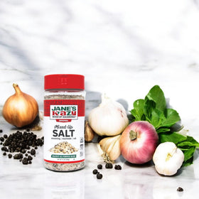 Jane's Krazy Mixed-Up Salt ingredients closeup emphasizing herb and spice notes.
