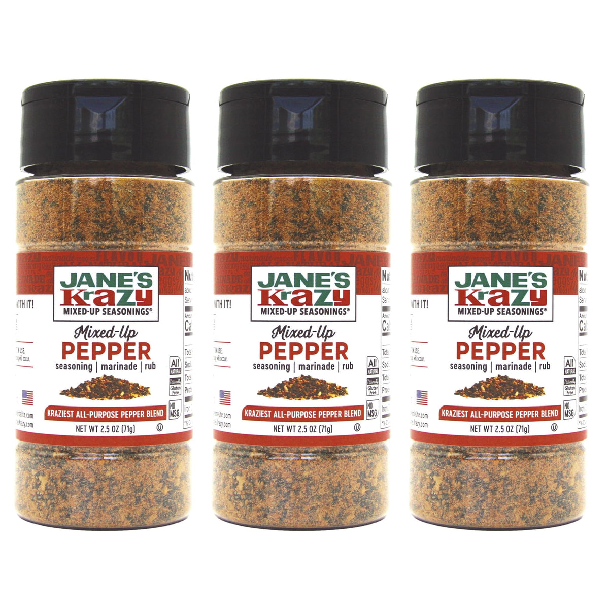 Jane's Krazy Original Mixed-Up Pepper jar ideal for seasoning meats and vegetables.