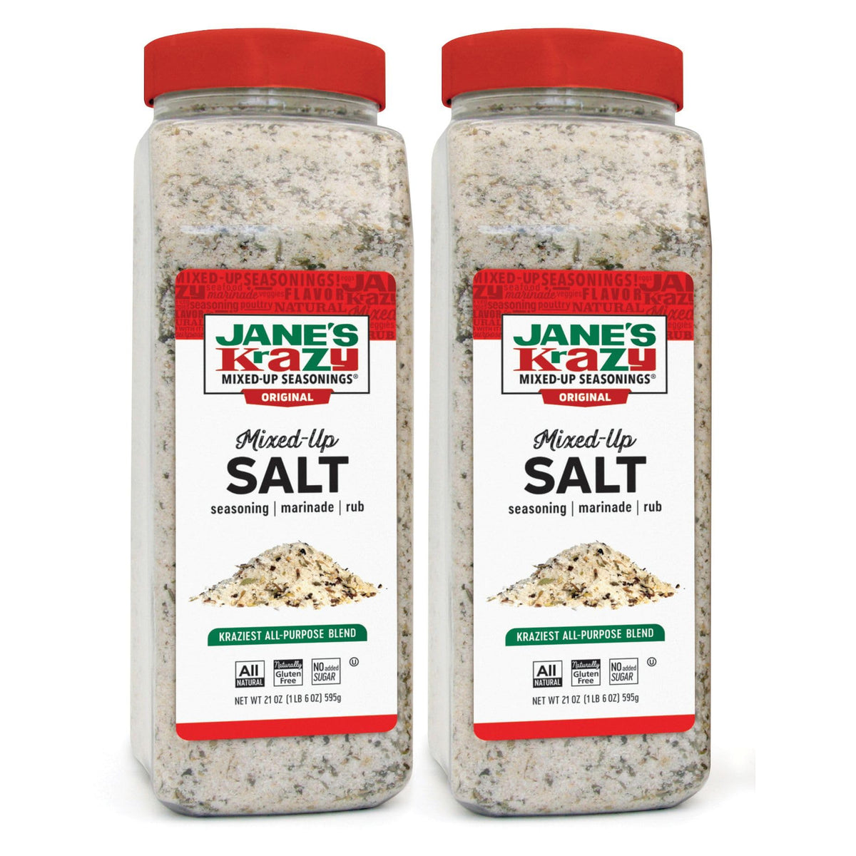 Jane's Krazy Original Mixed-Up Salt bottle shows versatile seasoning for meat and vegetables