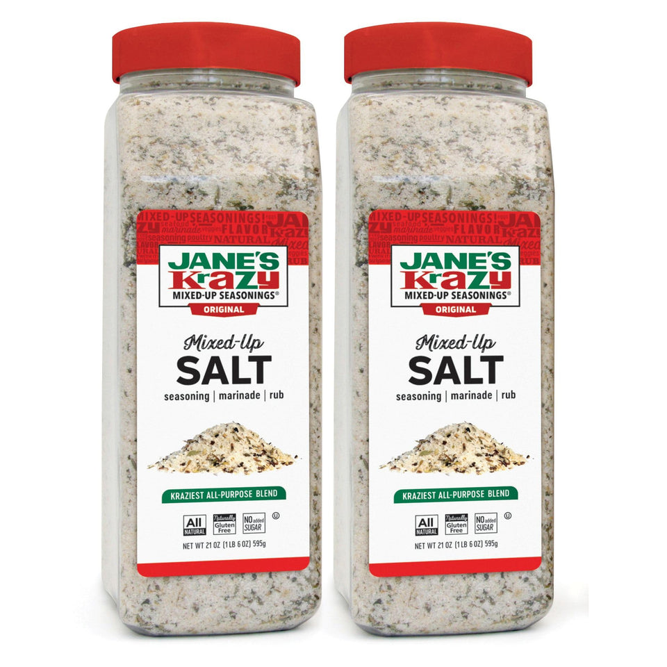 Jane's Krazy Original Mixed-Up Salt bottle shows versatile seasoning for meat and vegetables