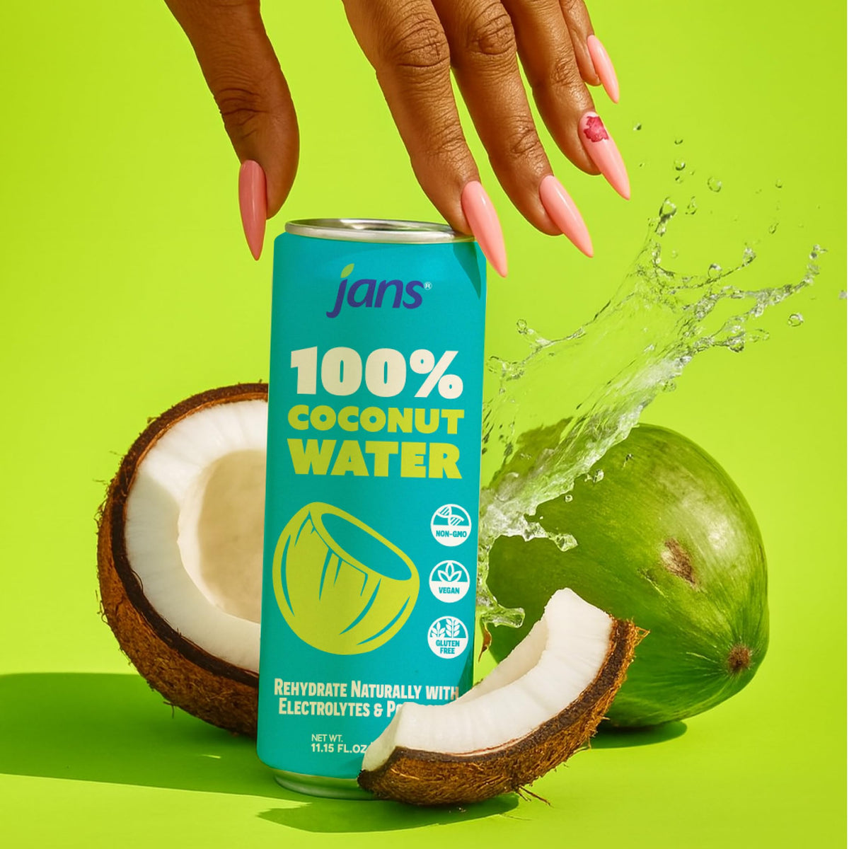 Jans 12-pack coconut water display for on-the-go refreshment