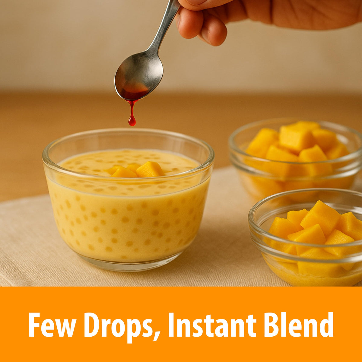 Kitchen use of Jans Butterfly Mango Flavoring Extract in batter or glaze for vibrant mango flavor