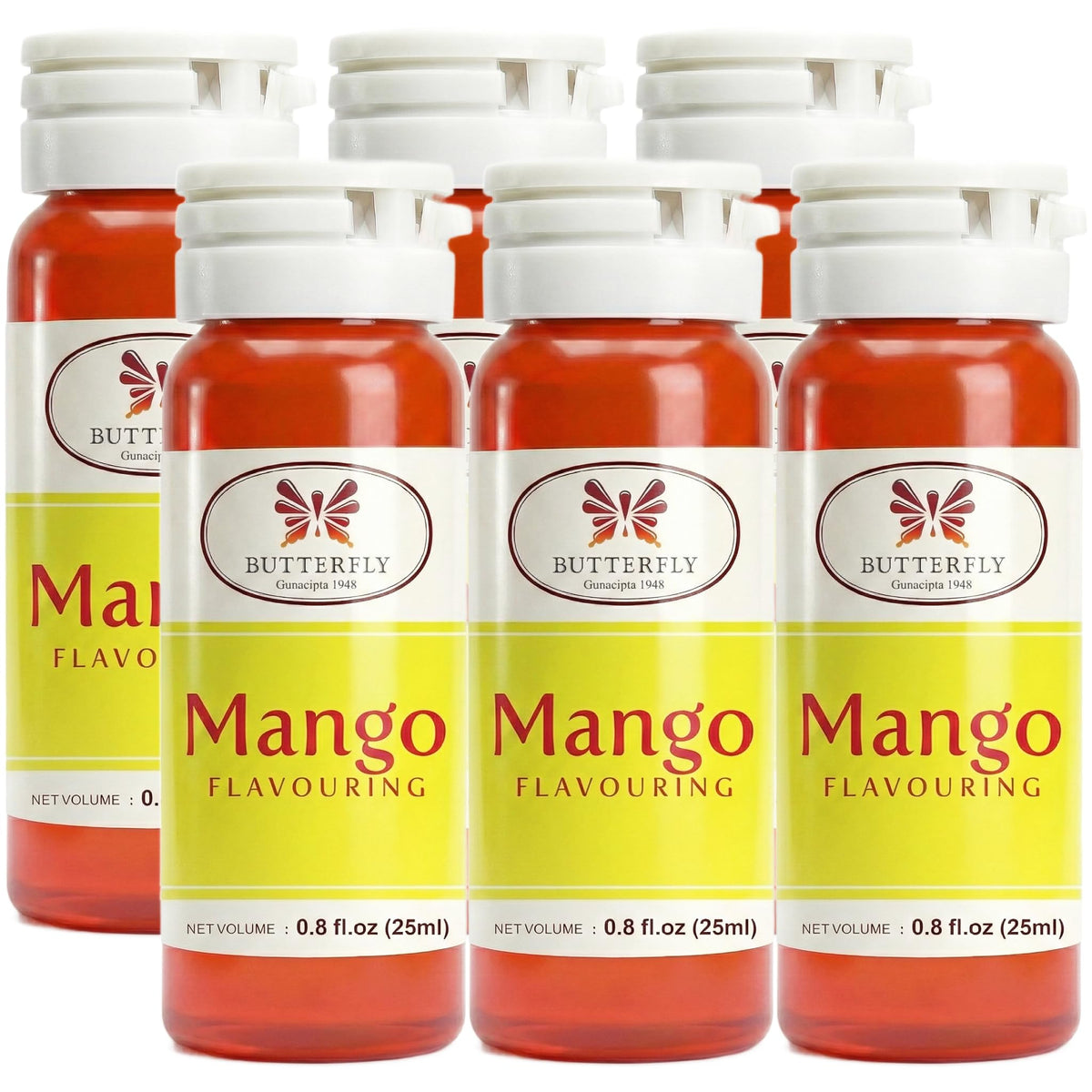Jans Butterfly Mango Flavoring Extract six-pack on display for baking-ready flavor
