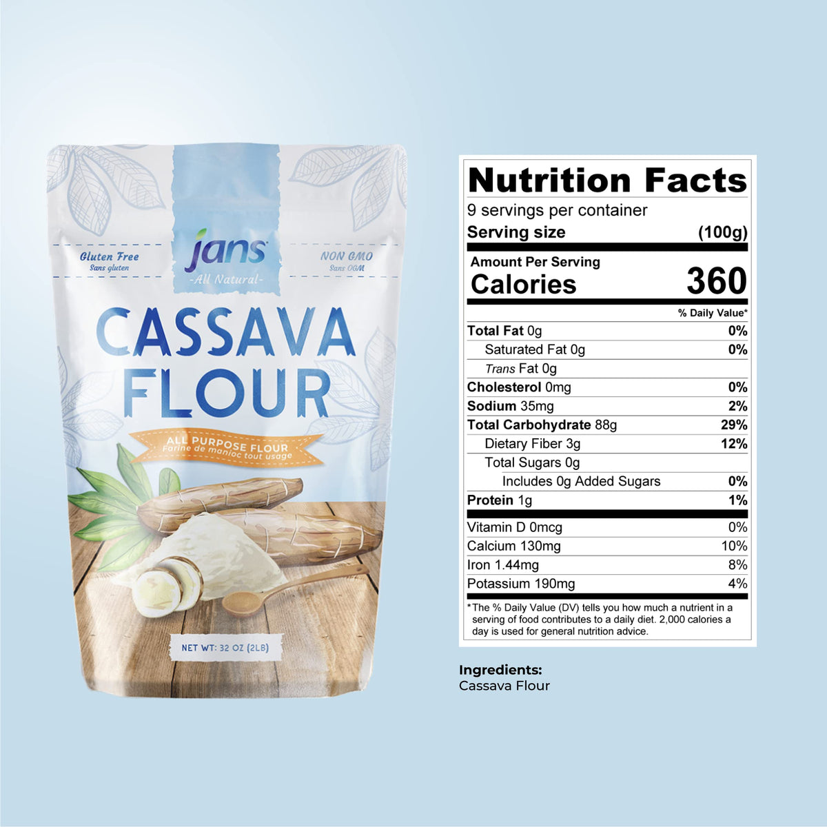 Jans Cassava Flour measuring cup shows a precise 1:1 substitution.