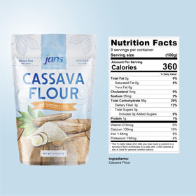 Jans Cassava Flour measuring cup shows a precise 1:1 substitution.