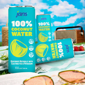 Jans coconut water close-up highlighting 430 mg potassium per can