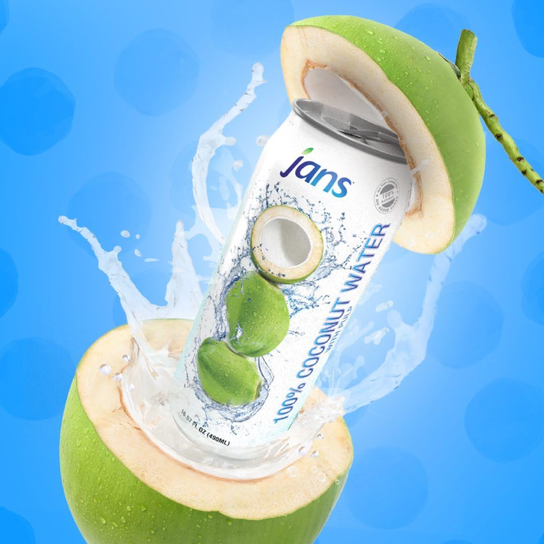 Jans coconut water bulk pack label communicates convenience and value.
