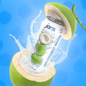 Jans coconut water bulk pack label communicates convenience and value.