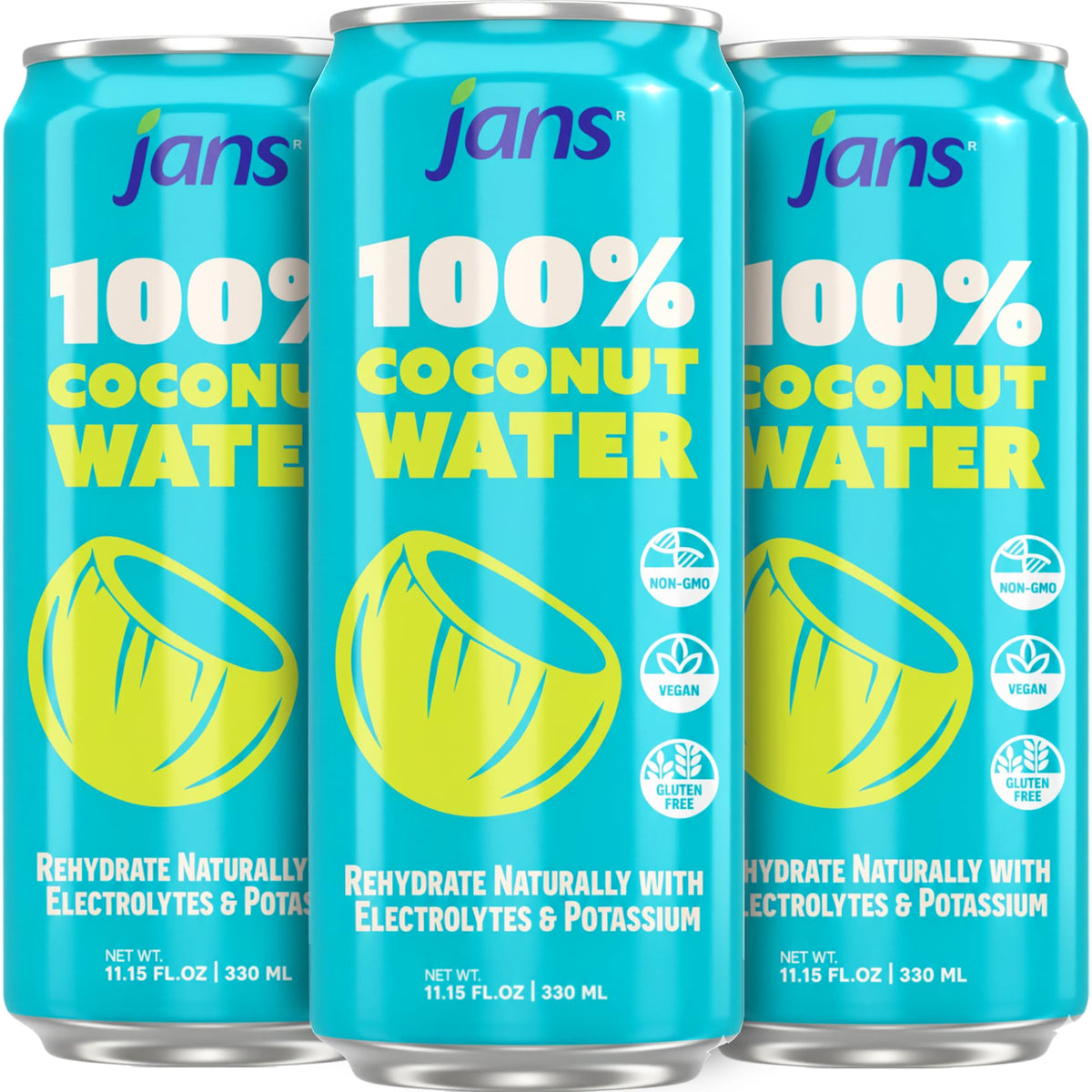 Jans coconut water can on ice for refreshing hydration