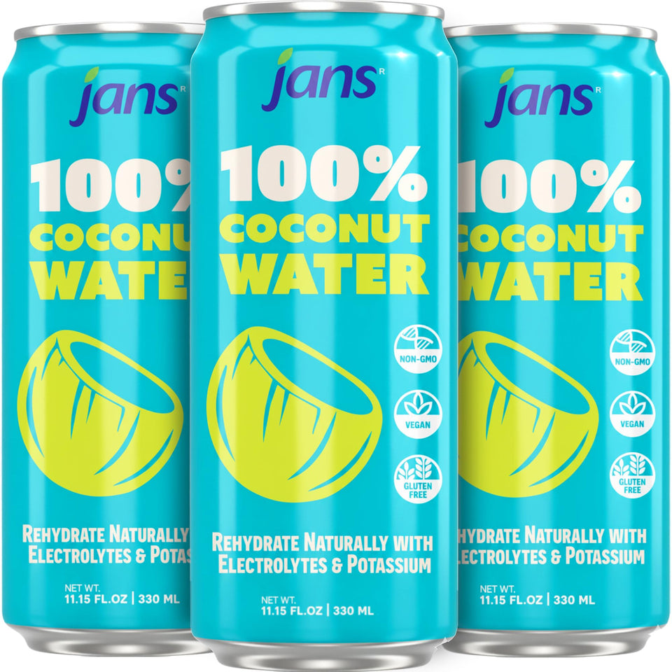 Jans coconut water can on ice for refreshing hydration