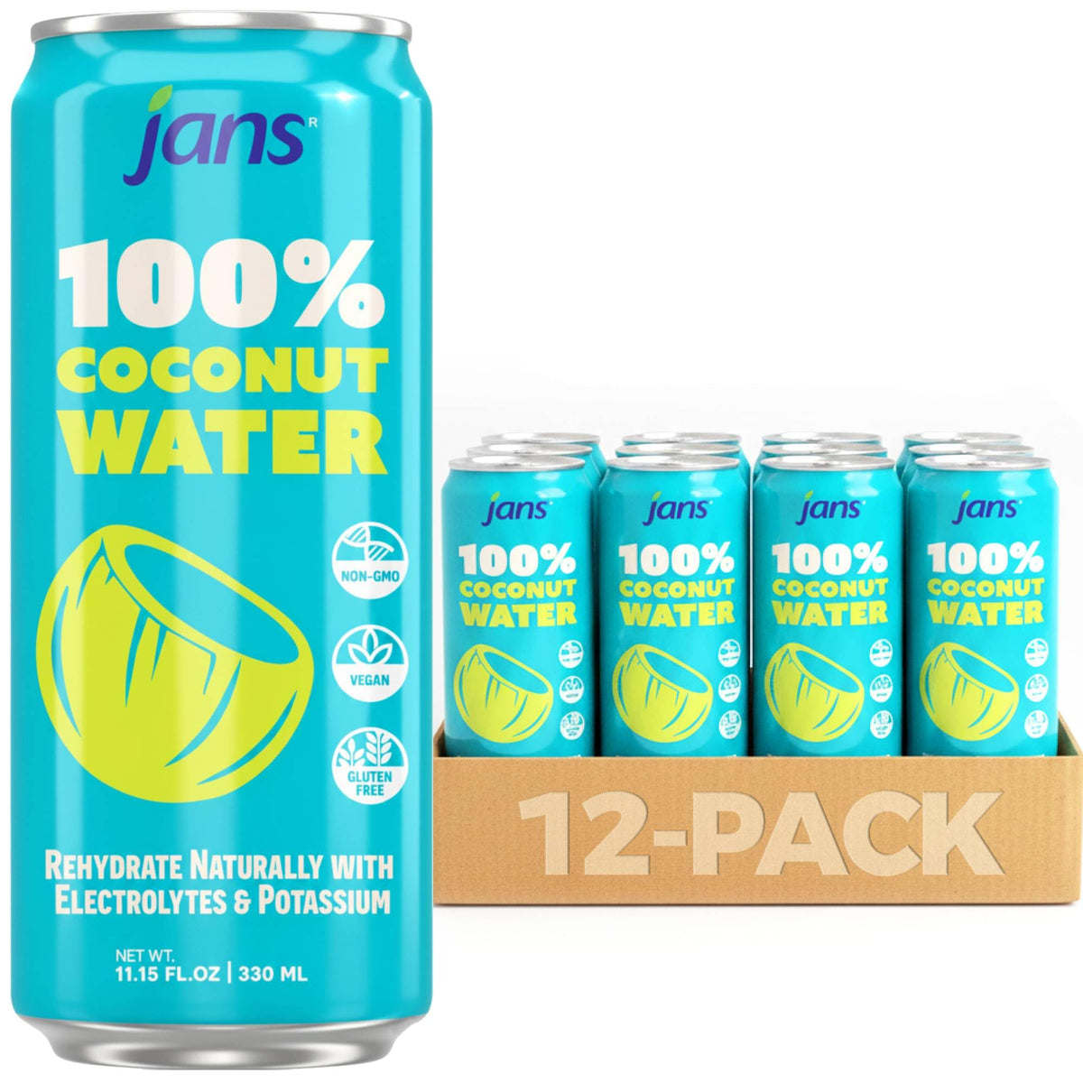 Jans coconut water label close-up showing pure ingredients