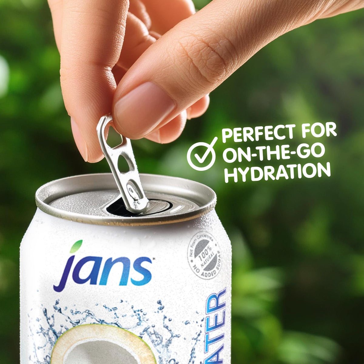 Jans coconut water no sugar added bottle promotes clean-label refreshment.
