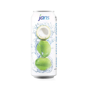 Jans coconut water with pulp glass with fruit nearby for serving ideas.