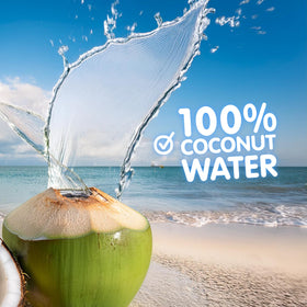 Jans coconut water with pulp close-up label showing unsweetened, non-GMO notes.