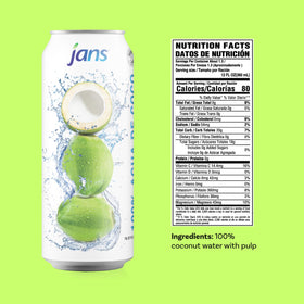 Jans coconut water with pulp, pack of six cans ready for on-the-go refreshment.