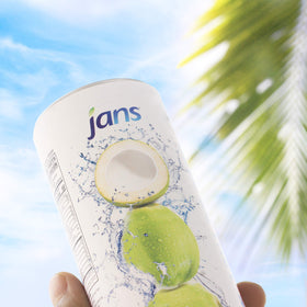 Jans coconut water with pulp served straight from the can for convenience.