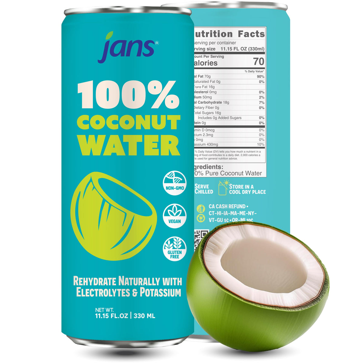 Jans coconut water poured into glass for a refreshing thirst-quencher