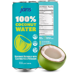 Jans coconut water poured into glass for a refreshing thirst-quencher