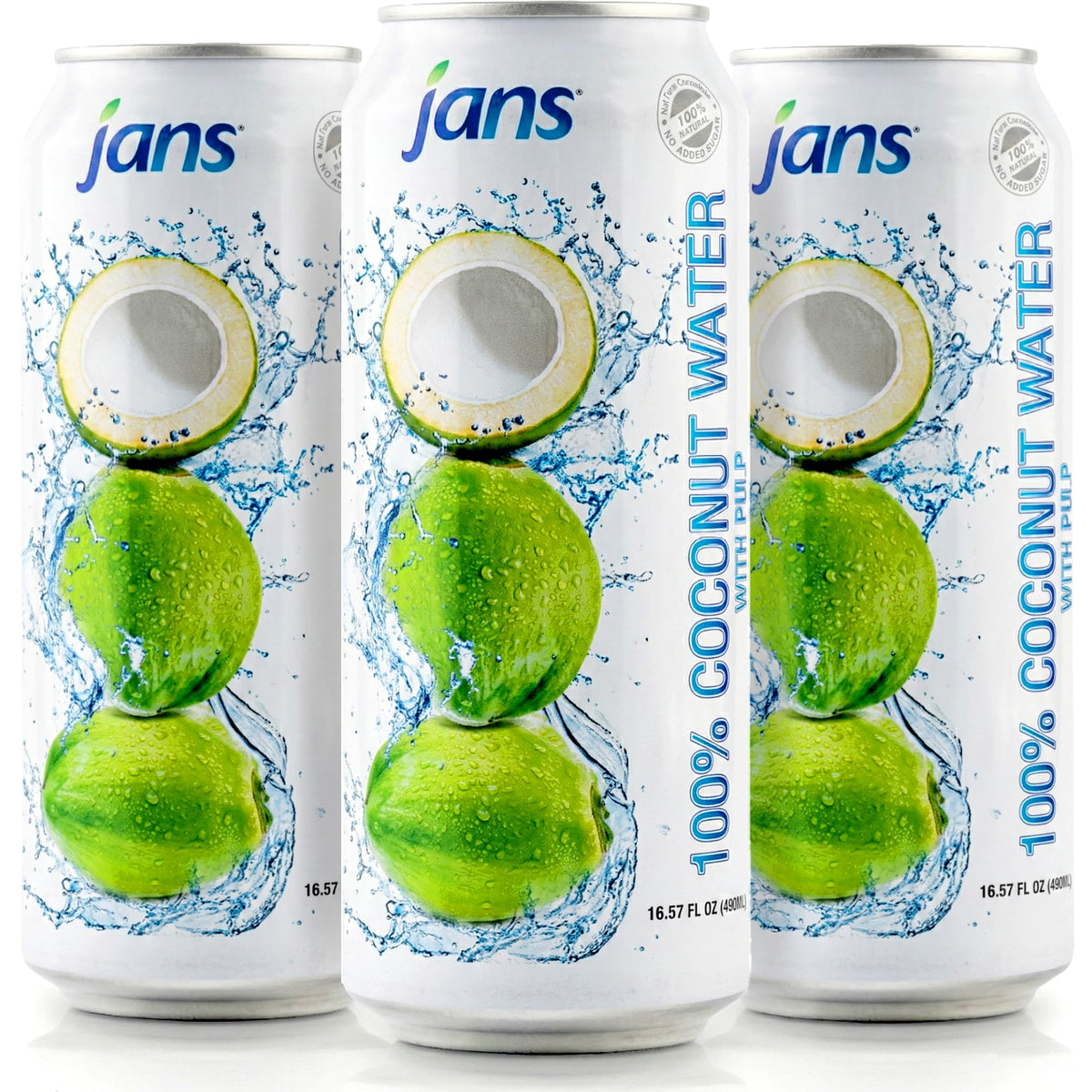 Jans coconut water with pulp close-up shows real coconut bits and texture.
