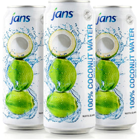 Jans coconut water with pulp close-up shows real coconut bits and texture.
