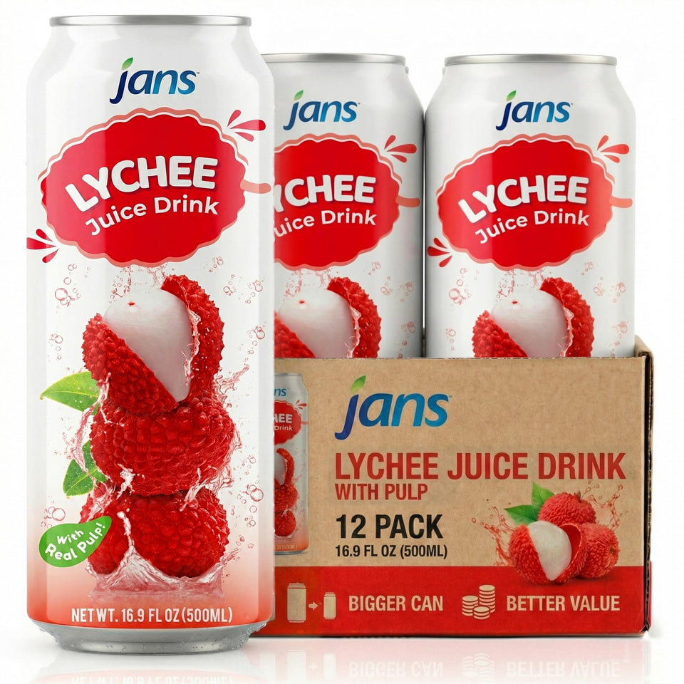 Jans Lychee Juice Drink with Pulp can front, ideal for entertaining guests.