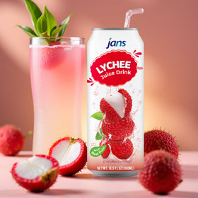 Jans Lychee Juice Drink with Pulp can beside a tropical cocktail, ideal for mixes.