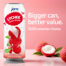 Jans Lychee Juice Drink with Pulp label close-up, highlights tropical flavor.