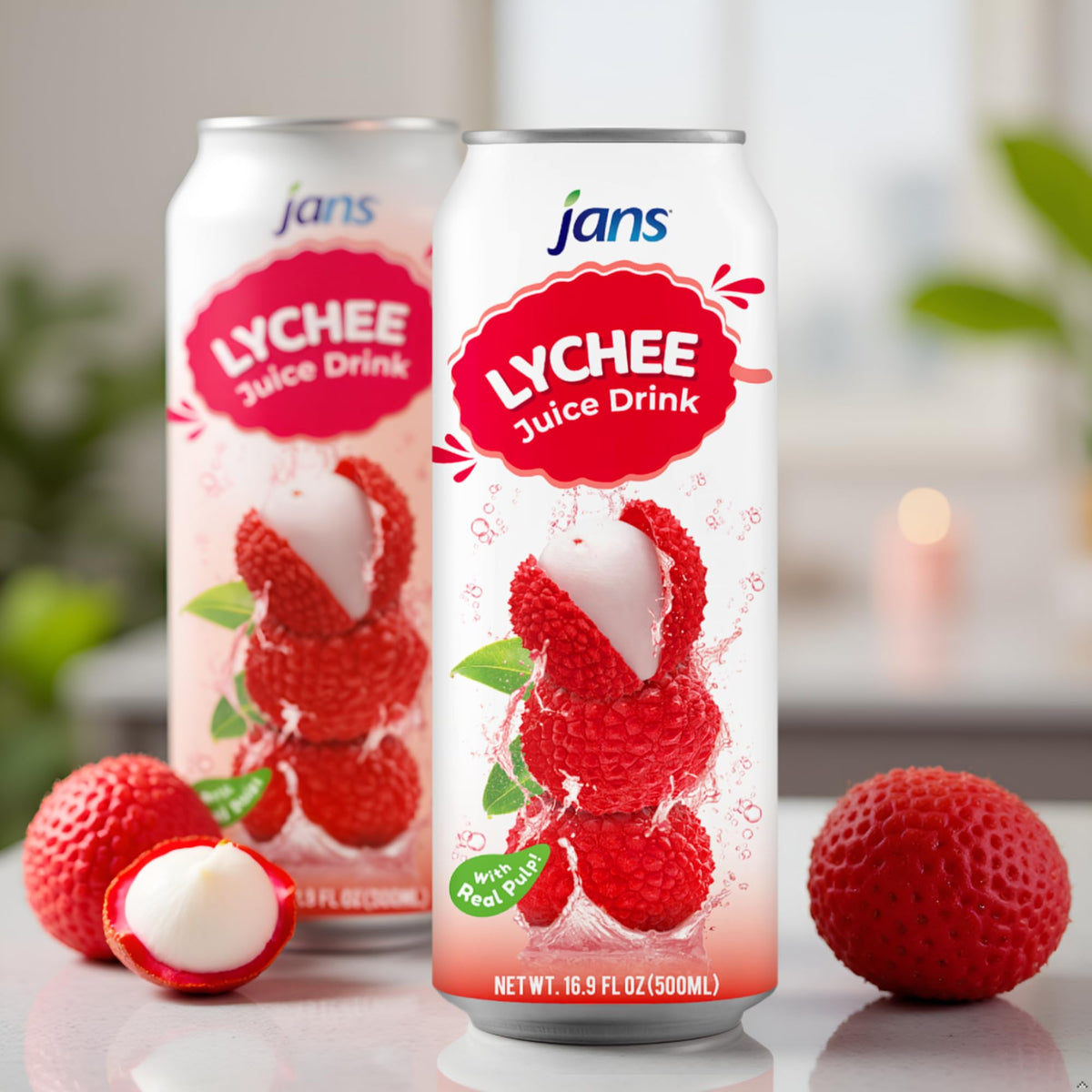 Jans Lychee Juice Drink with Pulp bulk packaging, easy pantry stocking.
