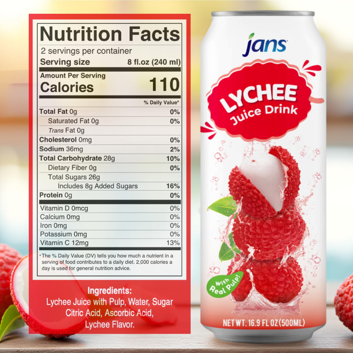 Jans Lychee Juice Drink with Pulp glass being poured, perfect for get-togethers.