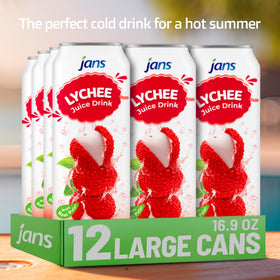 Jans Lychee Juice Drink with Pulp tropical scene, transports to the tropics.