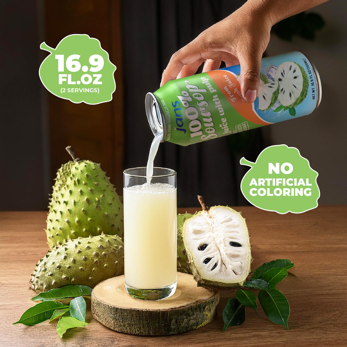 JANS Soursop juice glass with ice, ready for a refreshing on-the-go sip.
