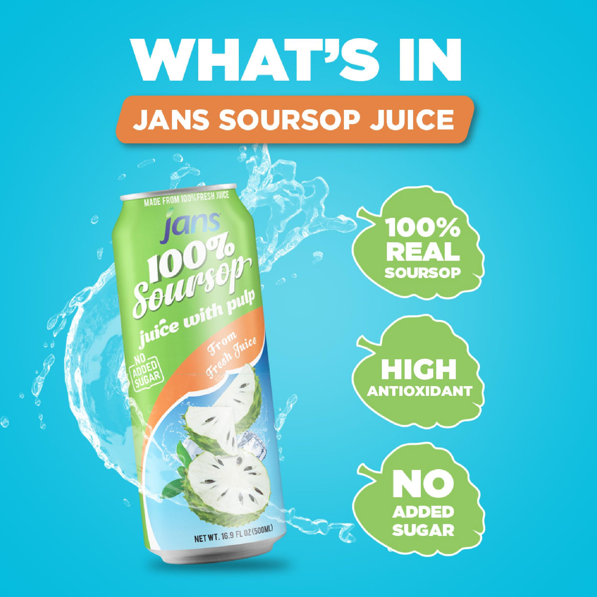 JANS Soursop juice no preservatives label, pure fruit quality.